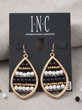 INC International Concepts Teardrop 1.5” Earrings Gold-White/Navy beads